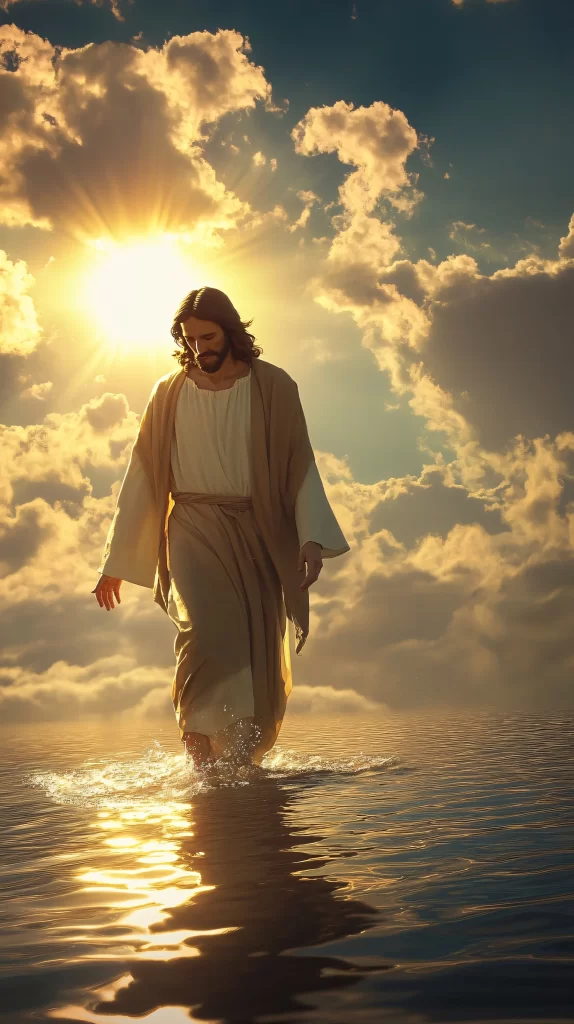 Jesus Water Walking Sunlight Sky
