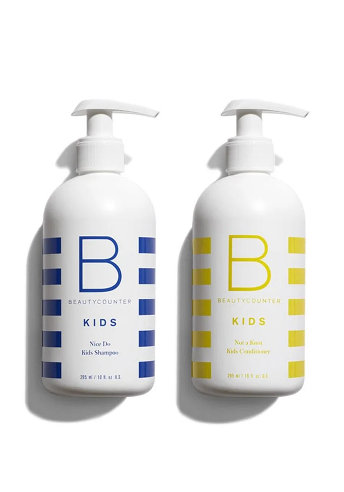 Kids Shampoo Bottle White Pump Blue Stripes