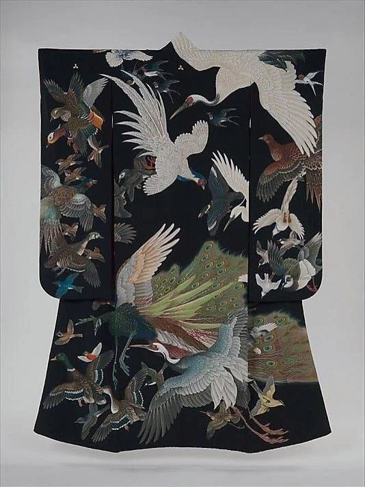 Kimono Bird Peacock Crane Black