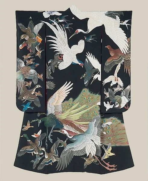 Kimono Black Bird Peacock Crane Elegant Ceremonial