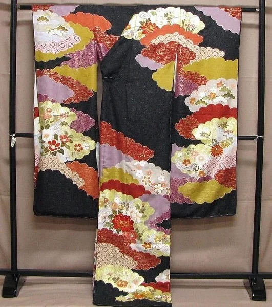 Kimono Black Cloud Floral Elegant Ceremonial