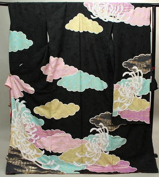 Kimono Black Clouds Crane Elegant Ceremonial
