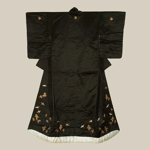 Kimono Black Crane Bird Elegant Ceremonial