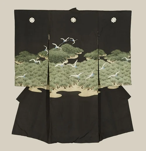 Kimono Black Crane Bird Moon Elegant Ceremonial