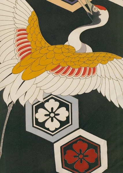 Kimono Black Crane Geometric Elegant Ceremonial