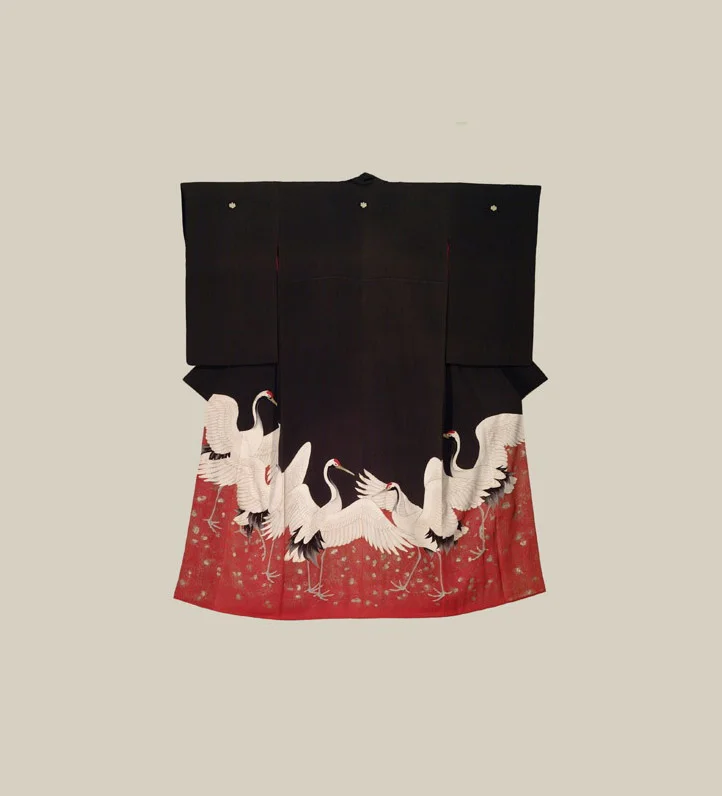Kimono Black Crane Red Elegant Ceremonial
