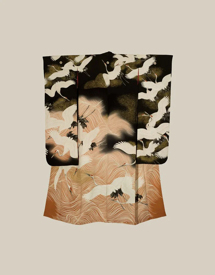 Kimono Black Crane Wave Elegant Ceremonial
