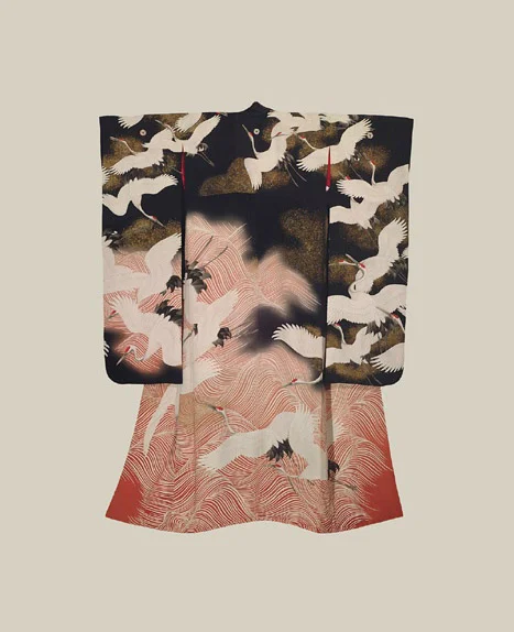 Kimono Black Crane Wave Elegant Ceremonial