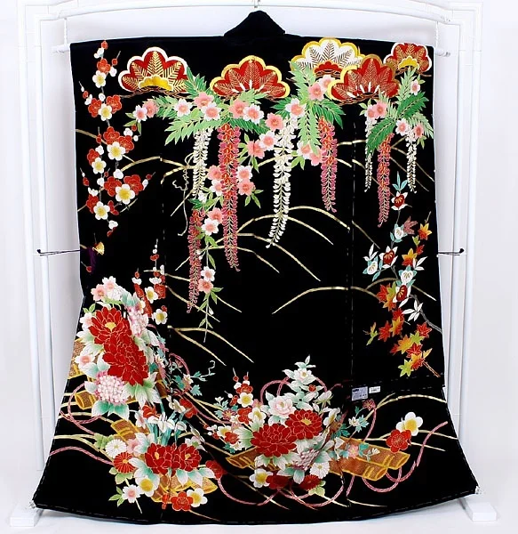 Kimono Black Floral Cherry Blossom Elegant Ceremonial