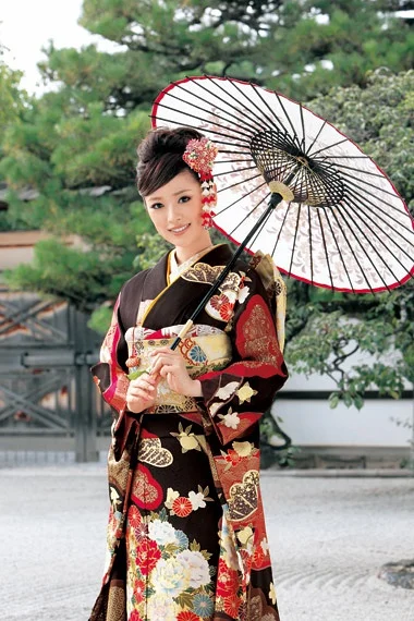 Kimono Black Floral Cherry Blossom Elegant Ceremonial