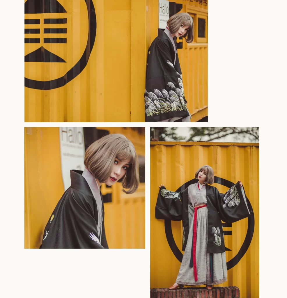 Kimono black floral crane traditional Japanese