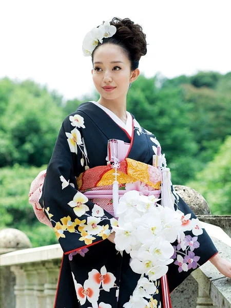 Kimono Black Floral Orchid Elegant Ceremonial