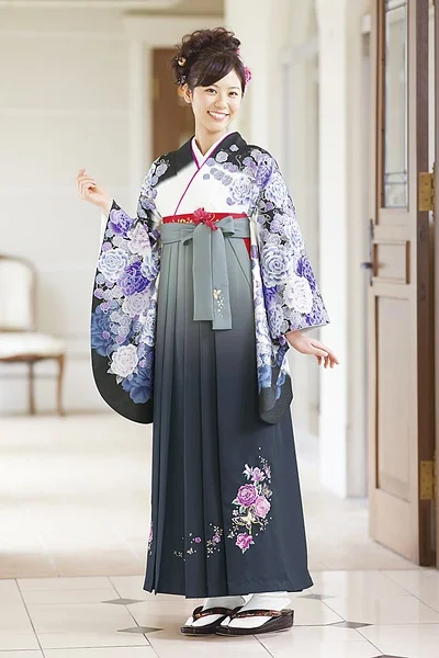 Kimono Black Floral Purple Elegant Ceremonial