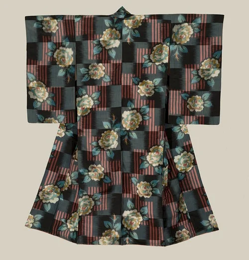 Kimono Black Floral Stripe Elegant Ceremonial