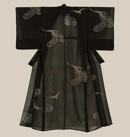 Kimono Black Geometric Bird Elegant Ceremonial