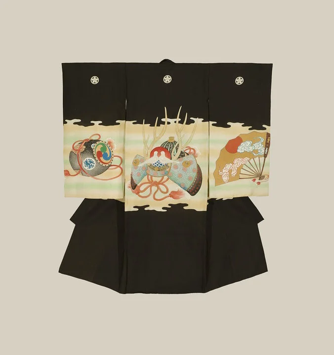 Kimono Black Geometric Floral Festive Ceremonial