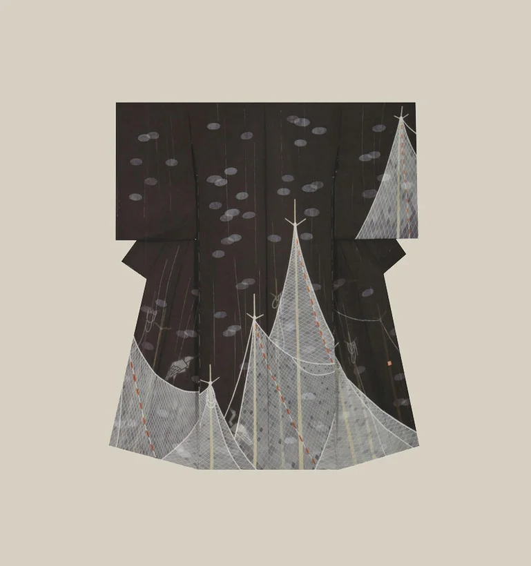 Kimono Black Geometric Wave Elegant Ceremonial