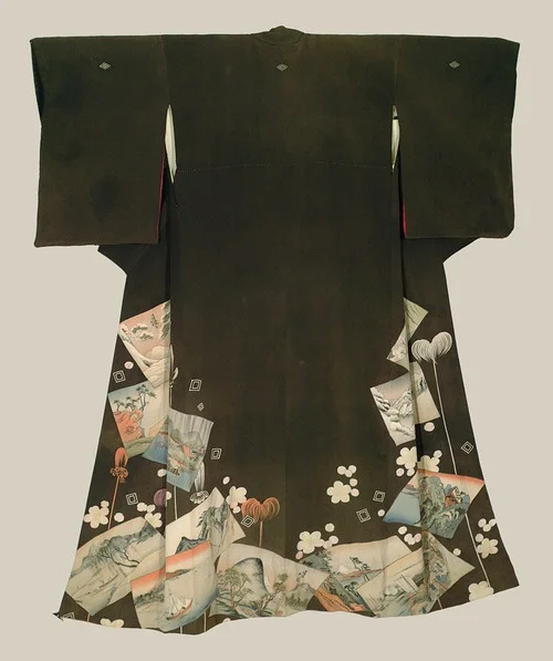 Kimono Black Geometric Wave Moon Elegant Ceremonial