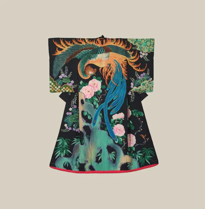 Kimono Black Phoenix Floral Peony Elegant Ceremonial