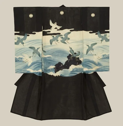 Kimono Black Wave Bird Moon Elegant Ceremonial