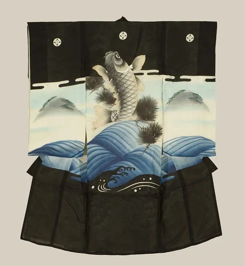 Kimono Black Wave Fish Pine Tree Geometric Elegant Ceremonial