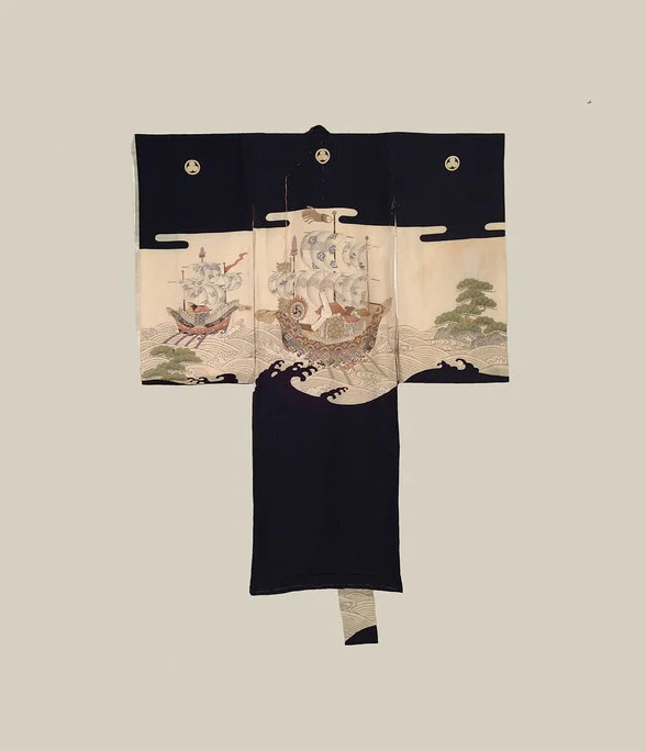 Kimono Black Wave Geometric Festive Ceremonial