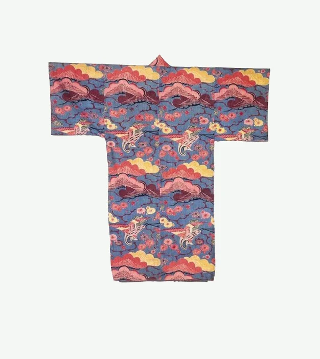 Kimono Blue Crane Clouds Floral Elegant Ceremonial