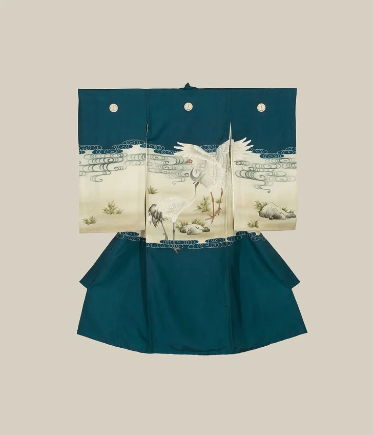 Kimono Blue Crane Wave Geometric Elegant Ceremonial