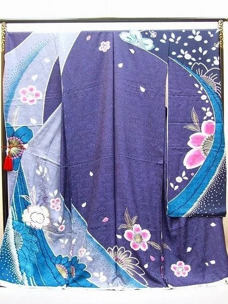 Kimono Blue Floral Cherry Blossom Wave Elegant Ceremonial