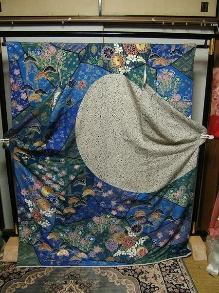 Kimono Blue Floral Crane Moon Elegant Ceremonial