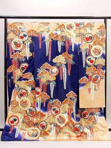 Kimono Blue Floral Crane Wave Festive Ceremonial
