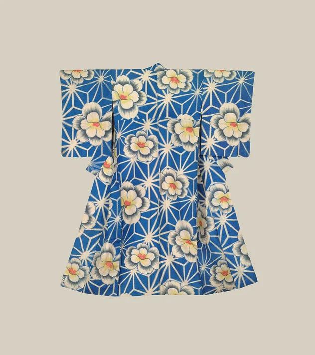 Kimono Blue Floral Geometric Elegant Ceremonial