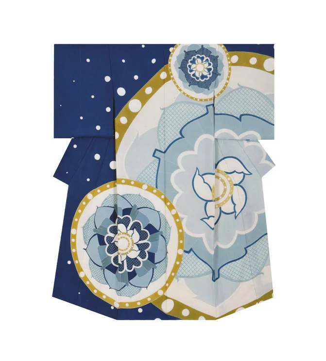Kimono Blue Floral Lotus Geometric Elegant Ceremonial