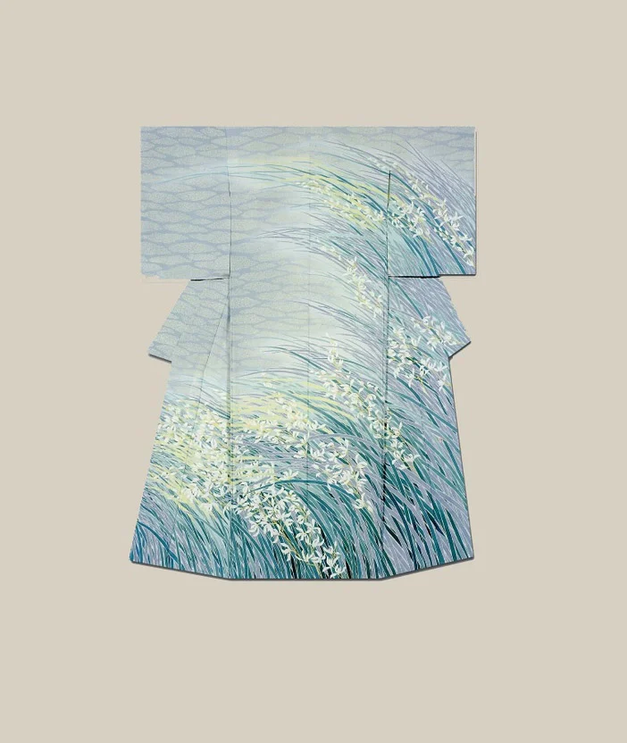 Kimono Blue Green Wave Floral Elegant Ceremonial