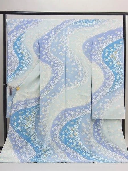 Kimono Blue Wave Floral Cherry Blossom Elegant Ceremonial
