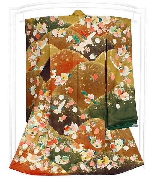 Kimono Brown Floral Crane Bird Elegant Festive