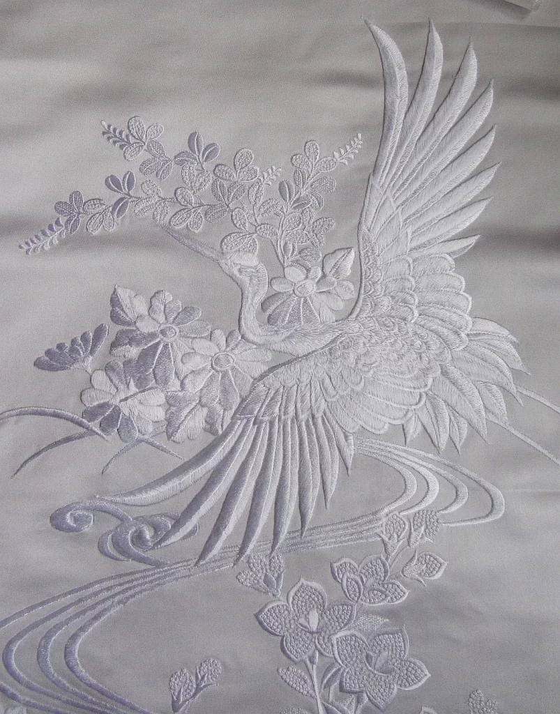 Kimono Crane Floral Wave White Embroidery