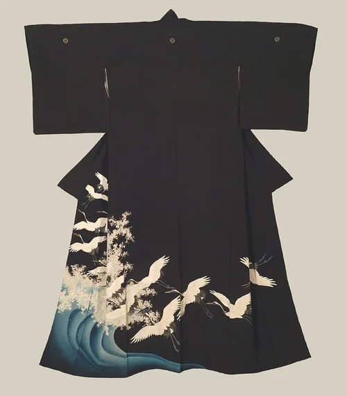 Kimono Crane Wave Black White