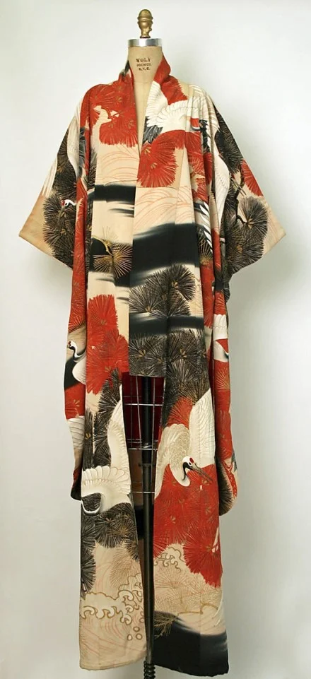 Kimono Crane Wave Floral Red Black White