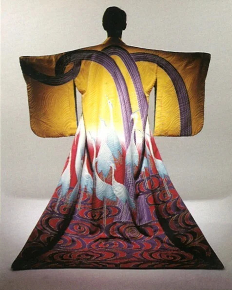 Kimono Crane Wave Geometric Yellow Purple