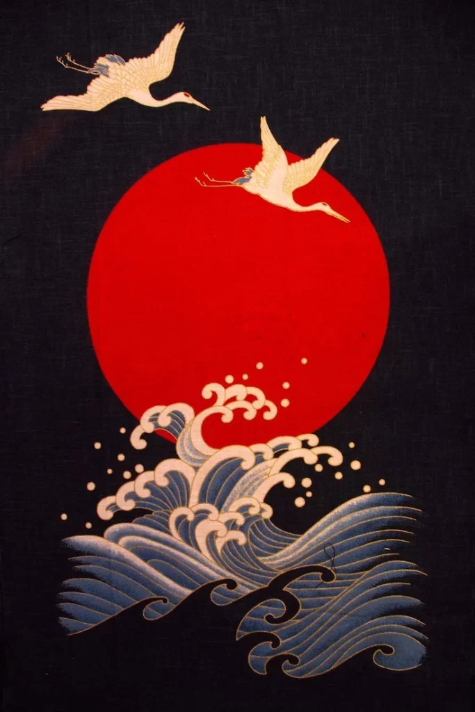 Kimono Crane Wave Red Black