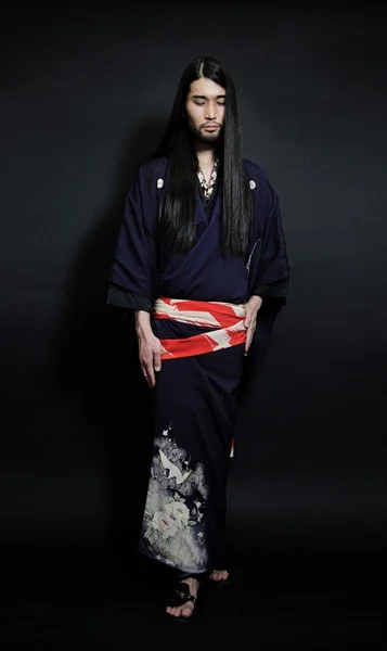 Kimono Dark Blue Floral Crane Elegant Ceremonial
