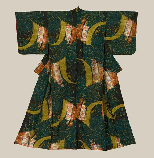 Kimono Dark Green Wave Geometric Bird Elegant Ceremonial