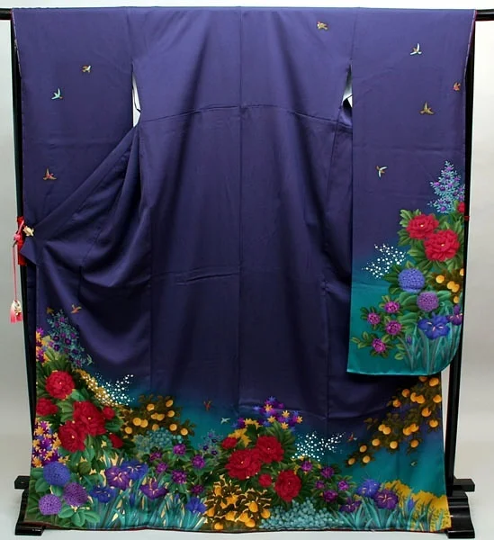 Kimono Deep Blue Floral Bird Elegant Ceremonial