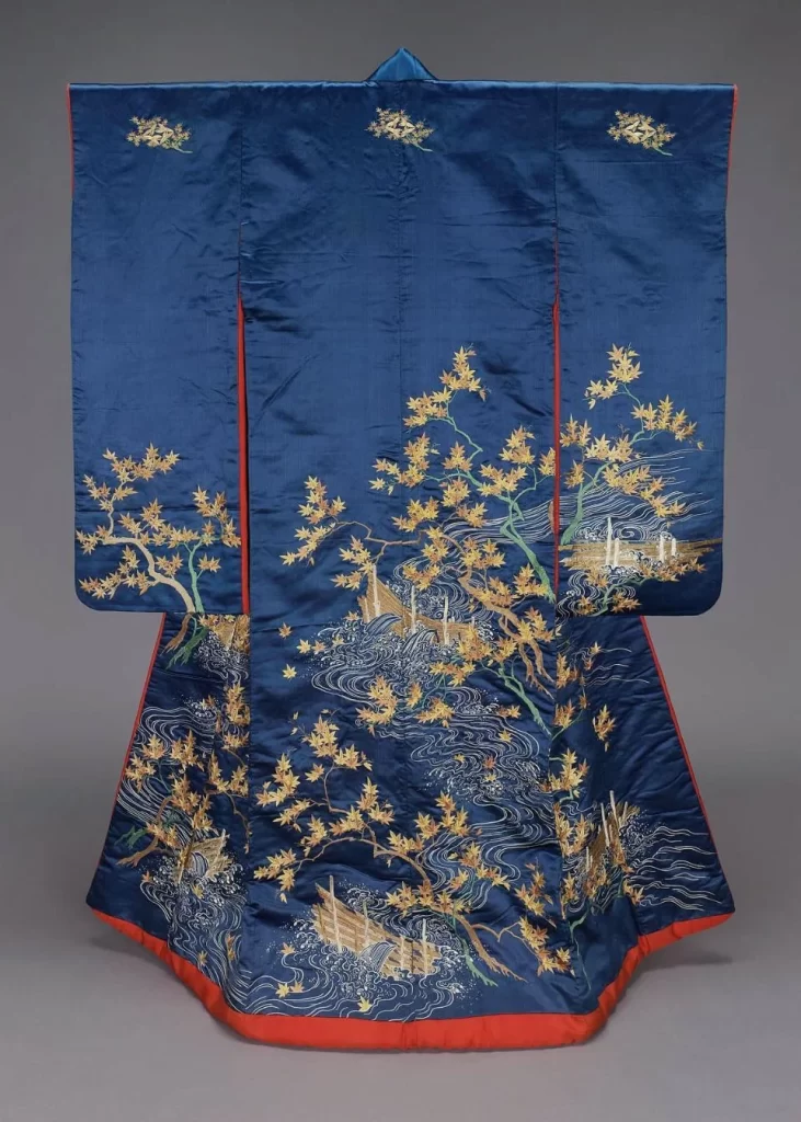 Kimono deep blue golden leaves wave patterns traditional intricate design