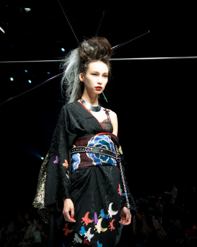 Kimono Floral Bird Moon Black Traditional