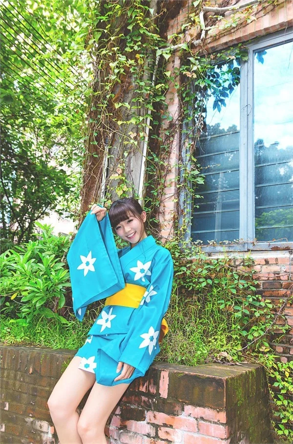 Kimono Floral Blue Yellow Obi Traditional