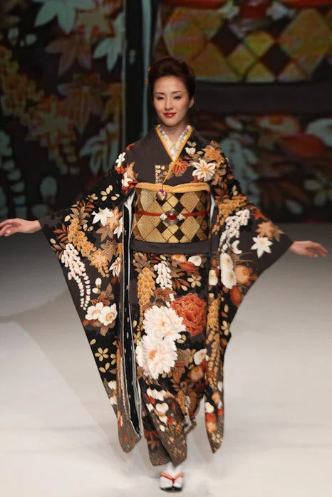 Kimono Floral Cherry Blossom Crane Wave