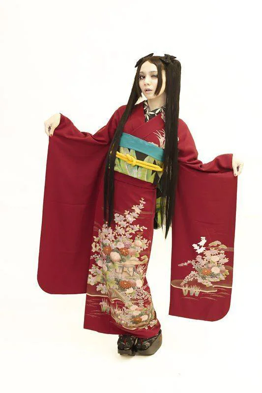 Kimono Floral Cherry Blossom Landscape Red Traditional