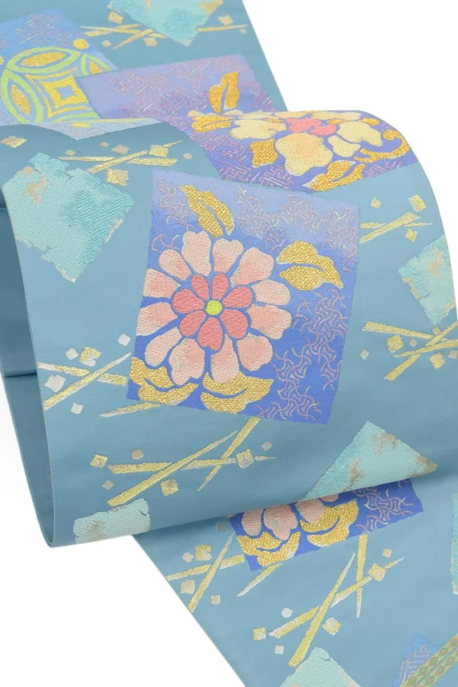 Kimono Floral Cherry Blossom Geometric Gold Blue